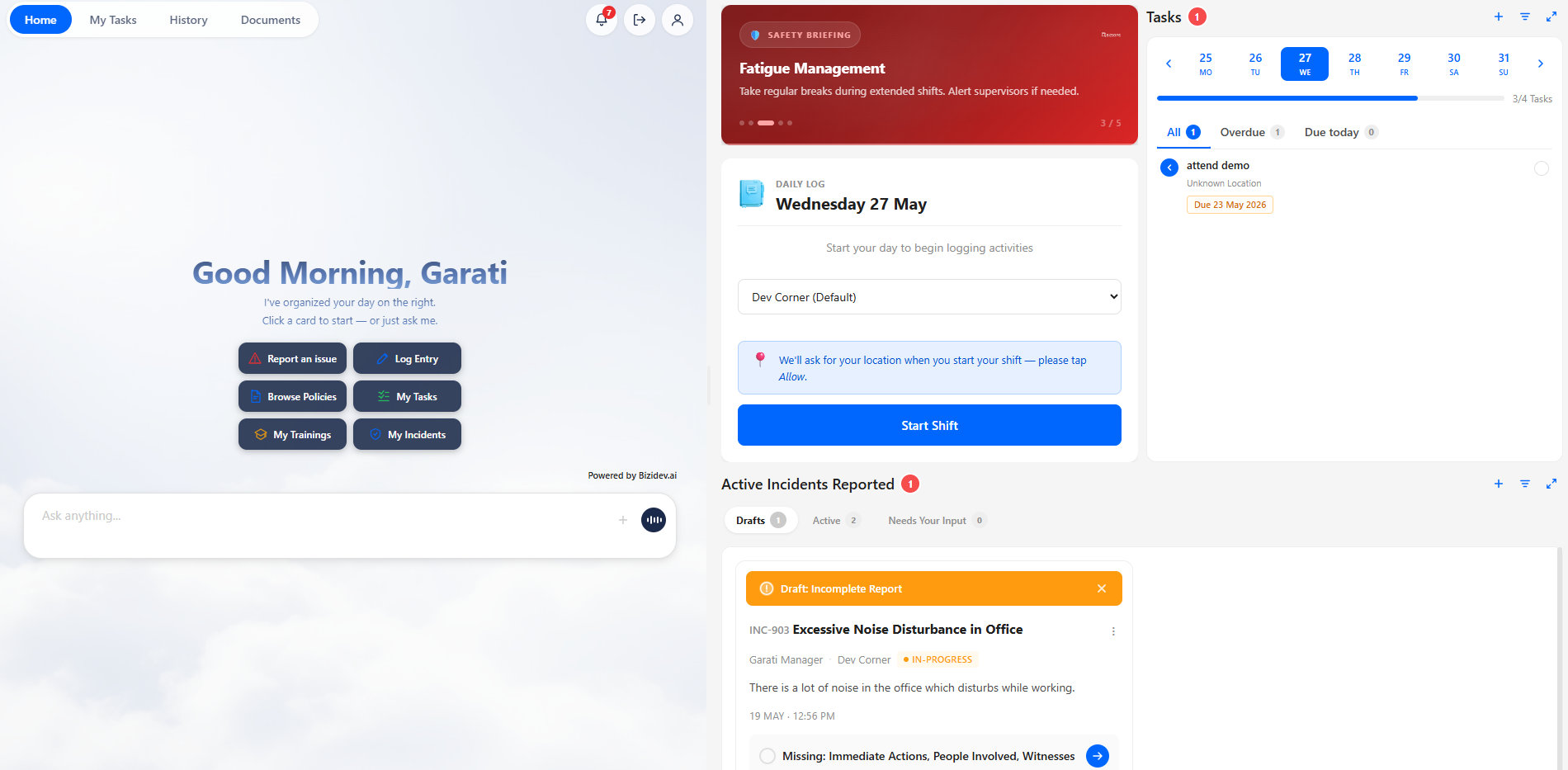 BiziOps dashboard &mdash; staff portal, daily log, tasks and active incidents in one connected view